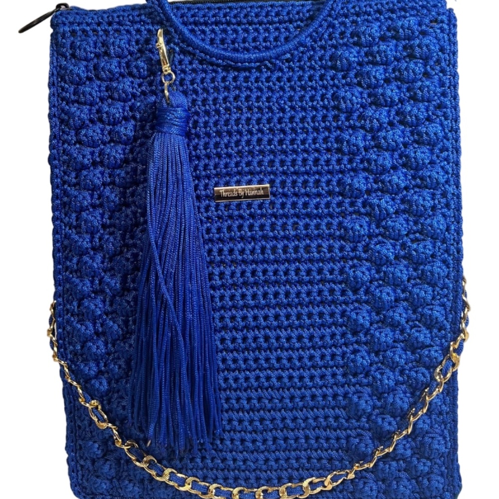 Handmade Blue African Print Crochet Trapezoid Handbag